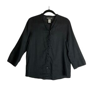 100% Linen Shirt Black Long Sleeve Button Up V-Neck Mandarin Neck Vacation S